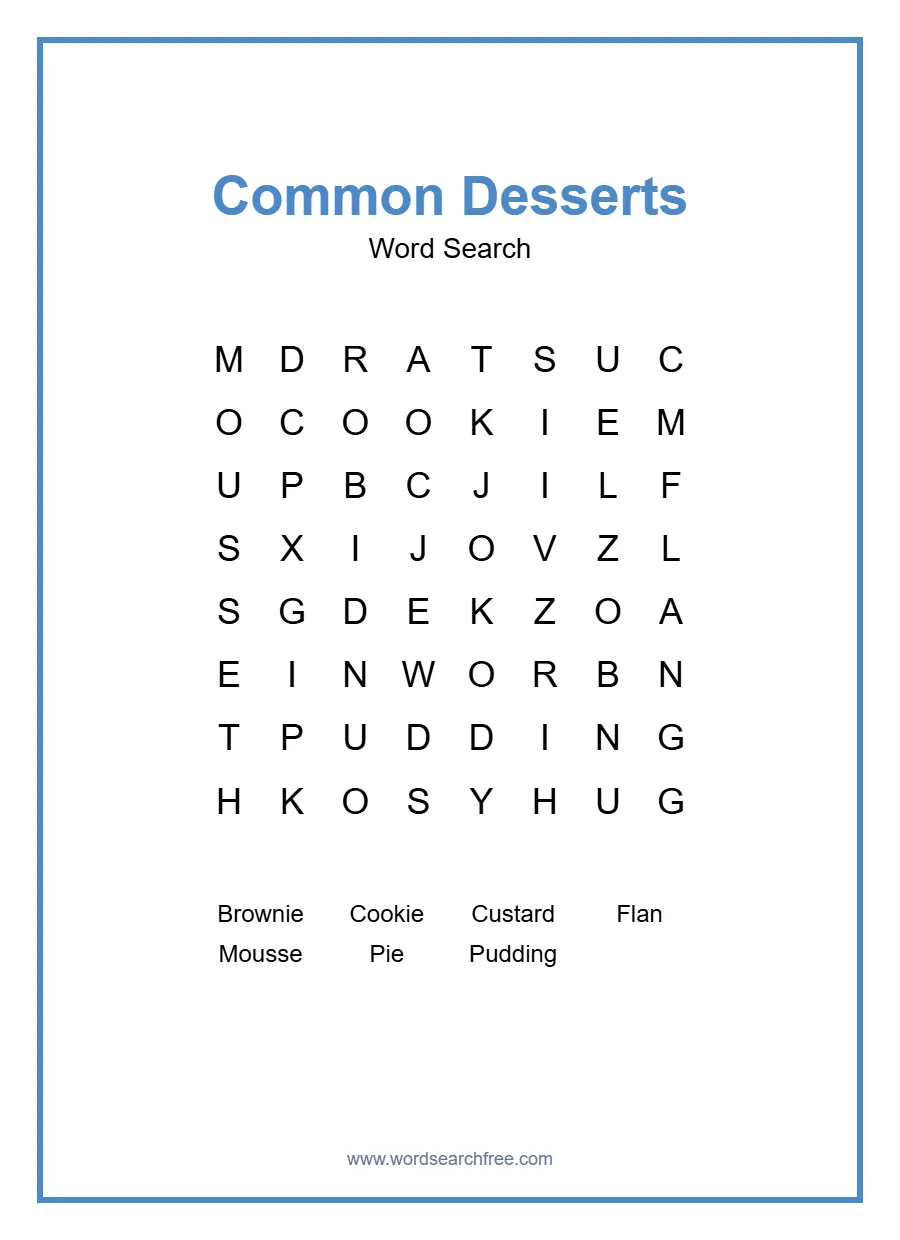 Common Desserts Word Search - Free printable puzzle with 7 words