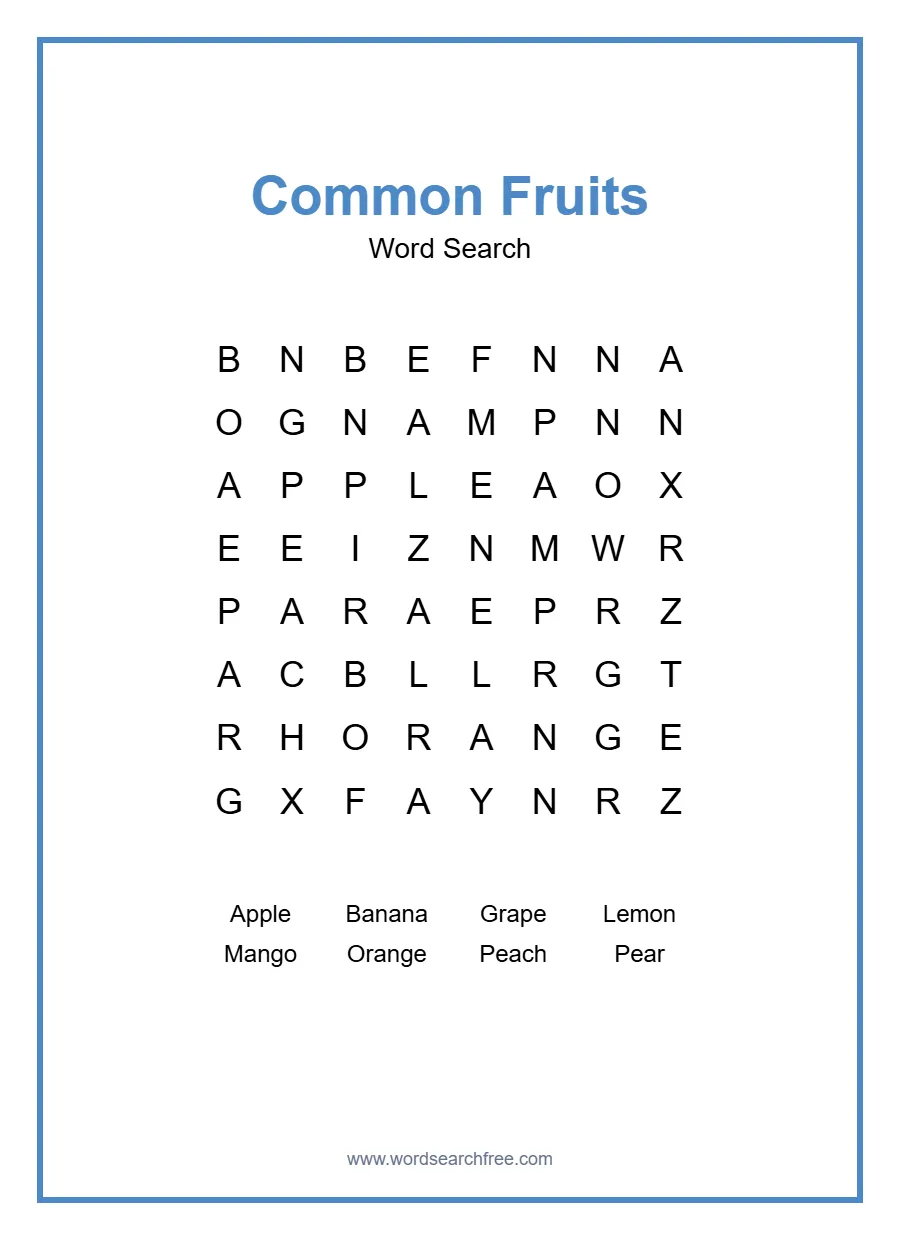 Common Fruits Word Search - Free printable puzzle with 8 words