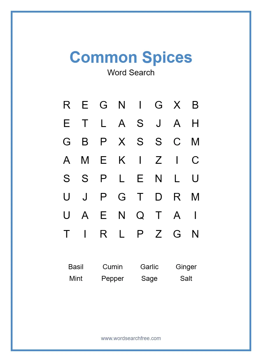 Common Spices Word Search - Free printable puzzle with 8 words