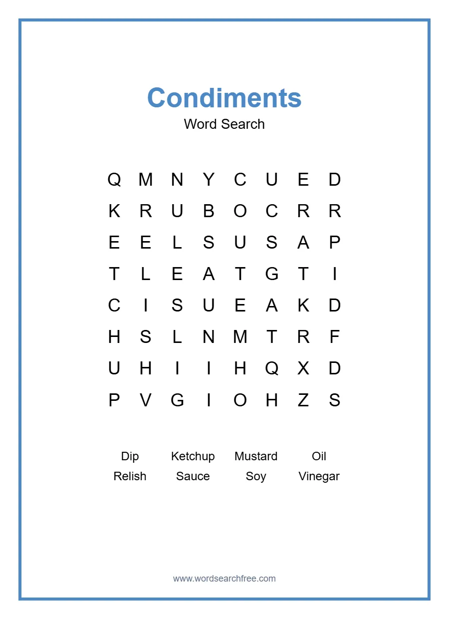 Condiments Word Search - Free printable puzzle with 8 words