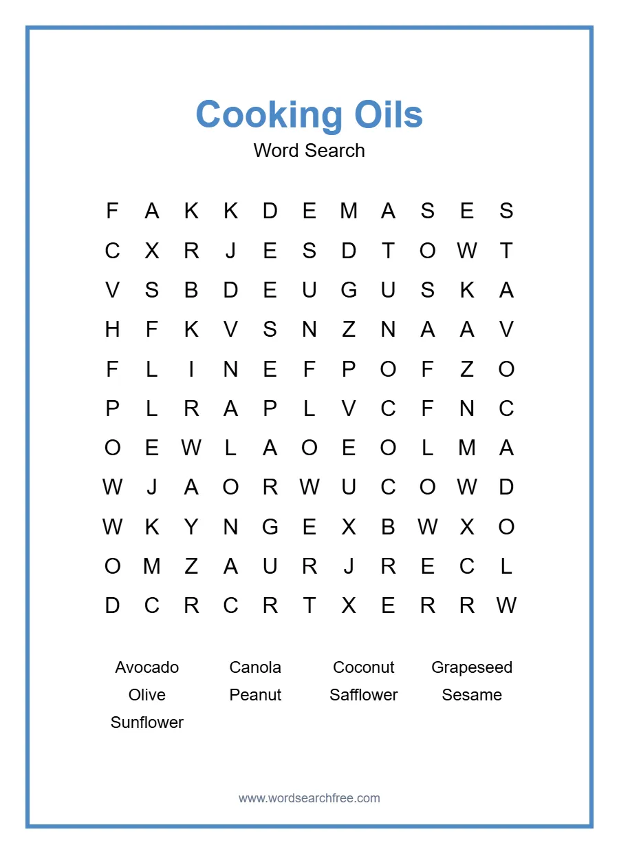 Cooking Oils Word Search - Free printable puzzle with 9 words