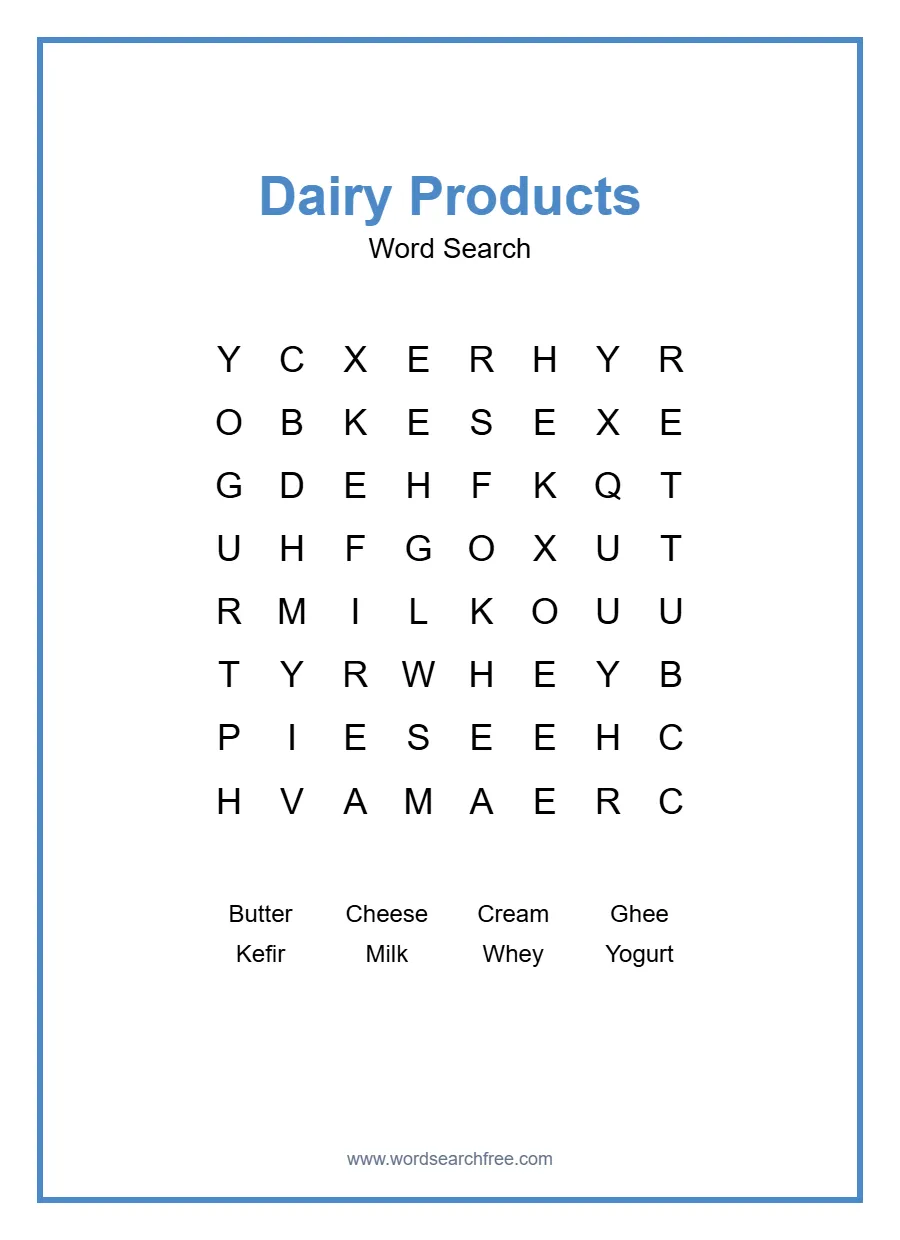 Dairy Products Word Search - Free printable puzzle with 8 words