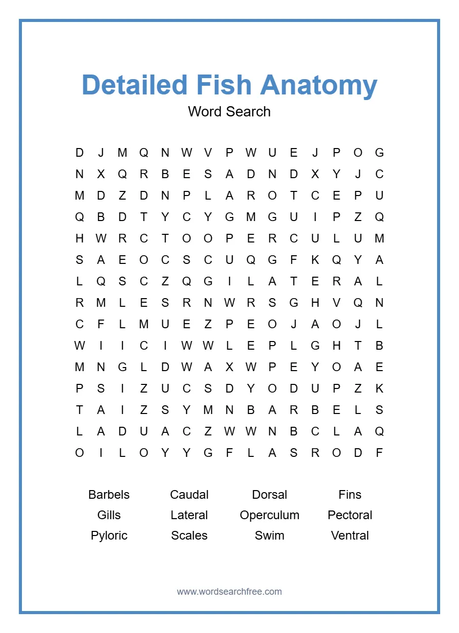 Detailed Fish Anatomy Word Search - Free printable puzzle with 12 words