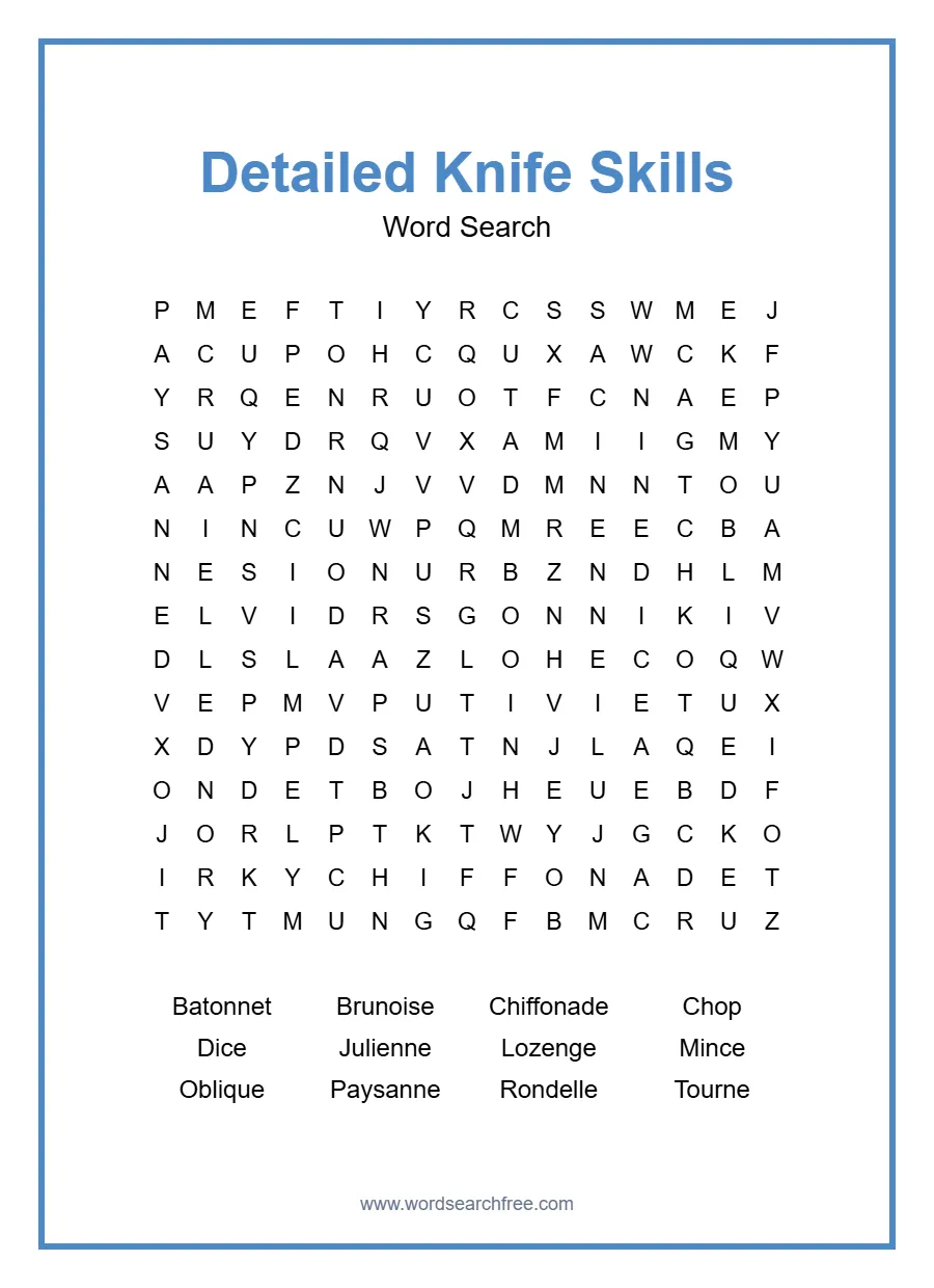 Detailed Knife Skills Word Search - Free printable puzzle with 12 words