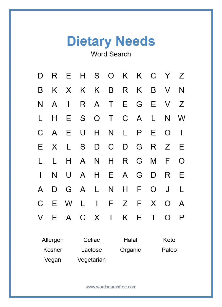 Dietary Needs Word Search - Free printable puzzle with 10 words