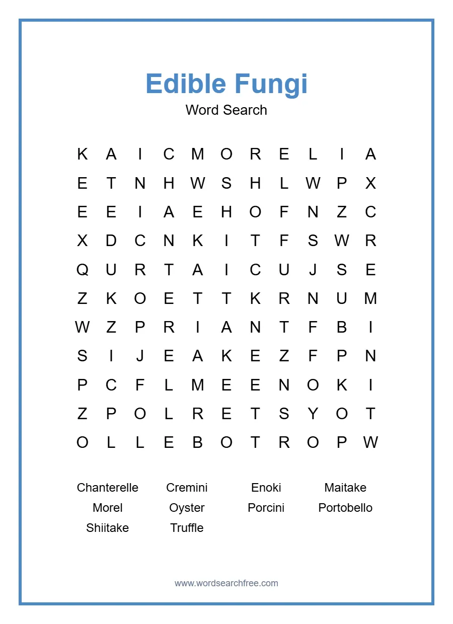 Edible Fungi Word Search - Free printable puzzle with 10 words