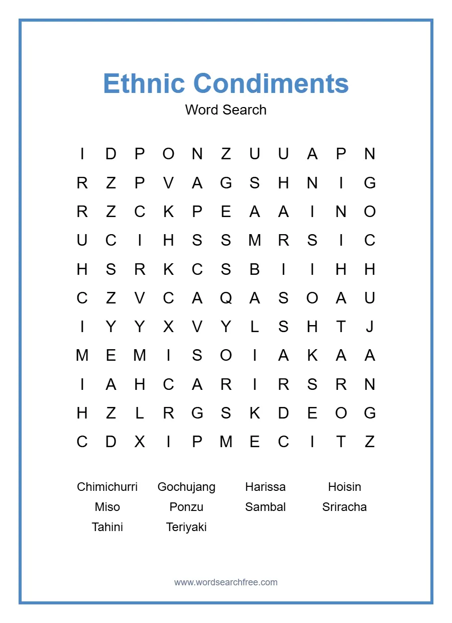 Ethnic Condiments Word Search - Free printable puzzle with 10 words