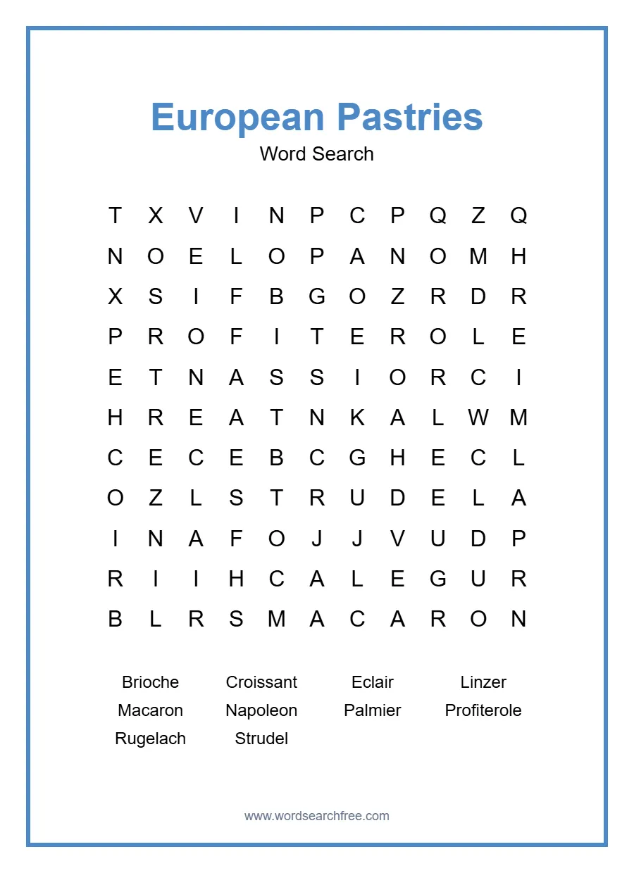 European Pastries Word Search - Free printable puzzle with 10 words