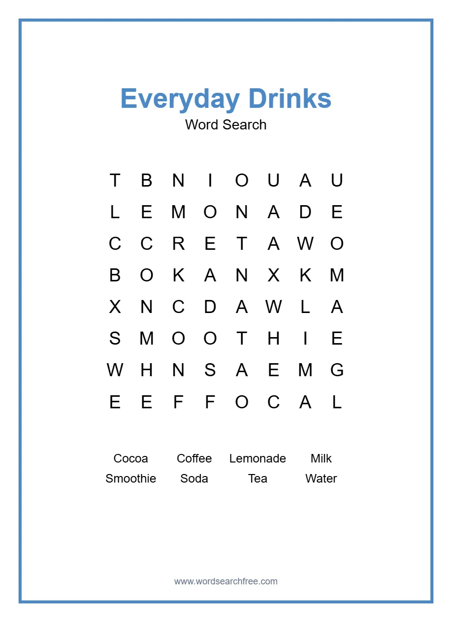 Everyday Drinks Word Search - Free printable puzzle with 8 words
