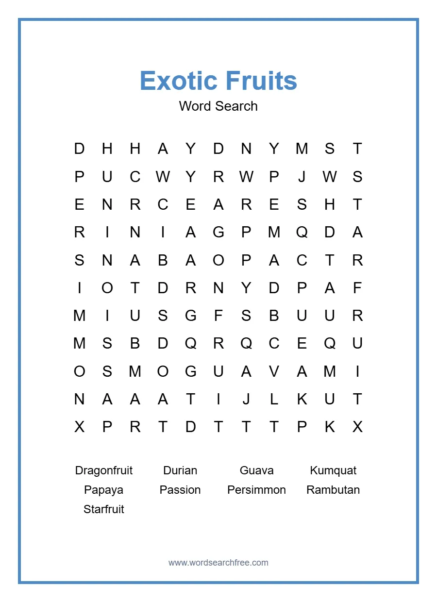 Exotic Fruits Word Search - Free printable puzzle with 9 words