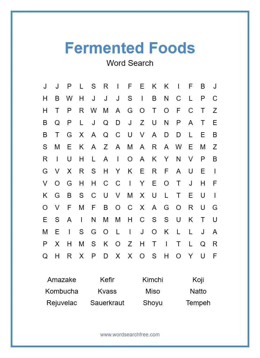 Fermented Foods Word Search - Free printable puzzle with 12 words