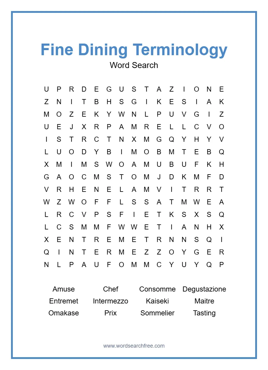 Fine Dining Terminology Word Search - Free printable puzzle with 12 words
