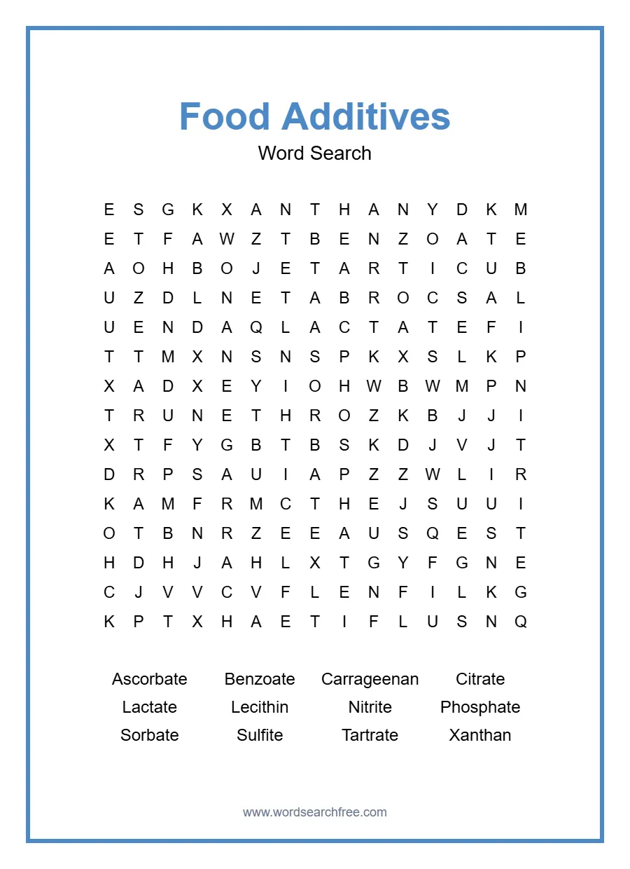 Food Additives Word Search - Free printable puzzle with 12 words