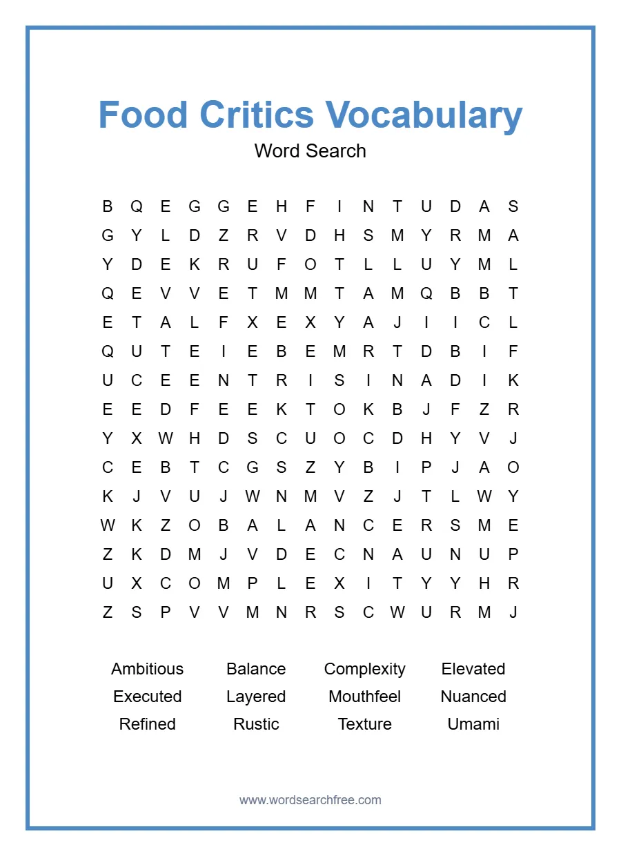 Food Critics Vocabulary Word Search - Free printable puzzle with 12 words