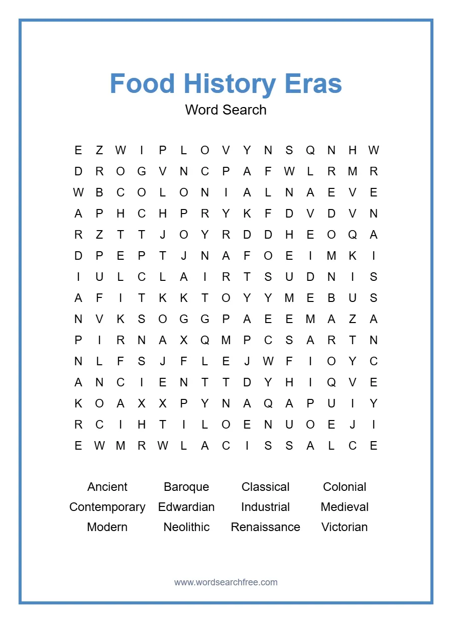 Food History Eras Word Search - Free printable puzzle with 12 words
