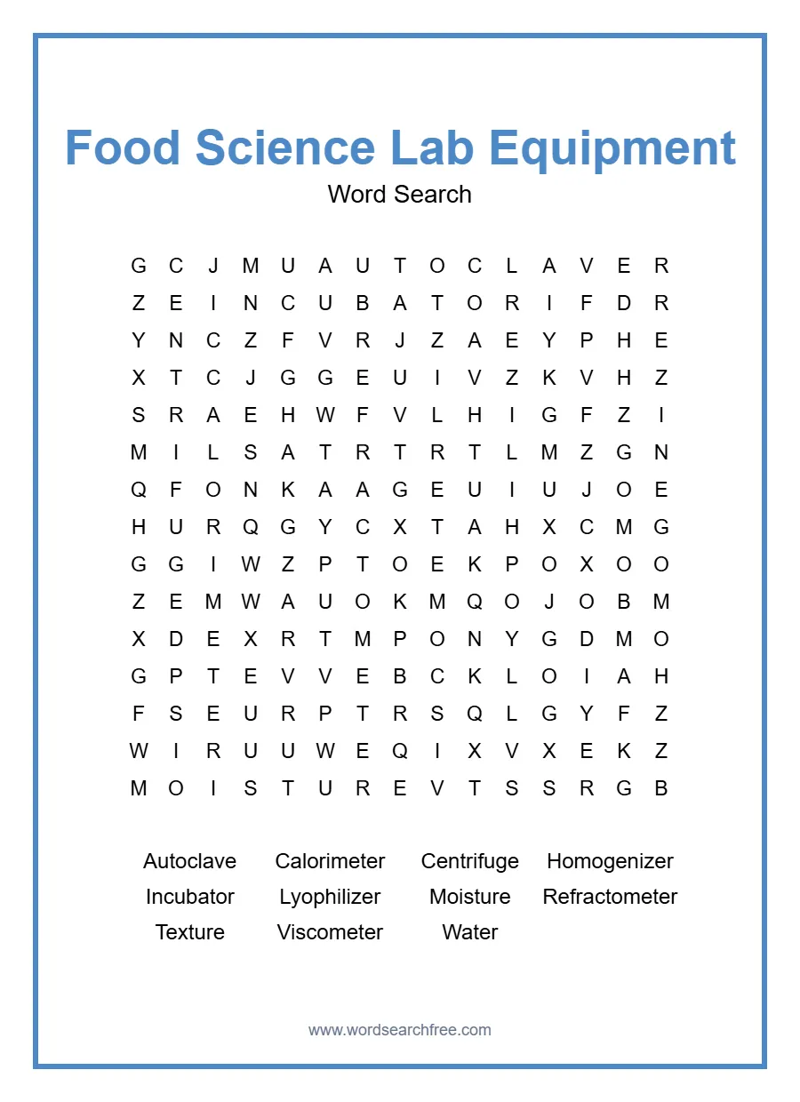 Food Science Lab Equipment Word Search - Free printable puzzle with 11 words