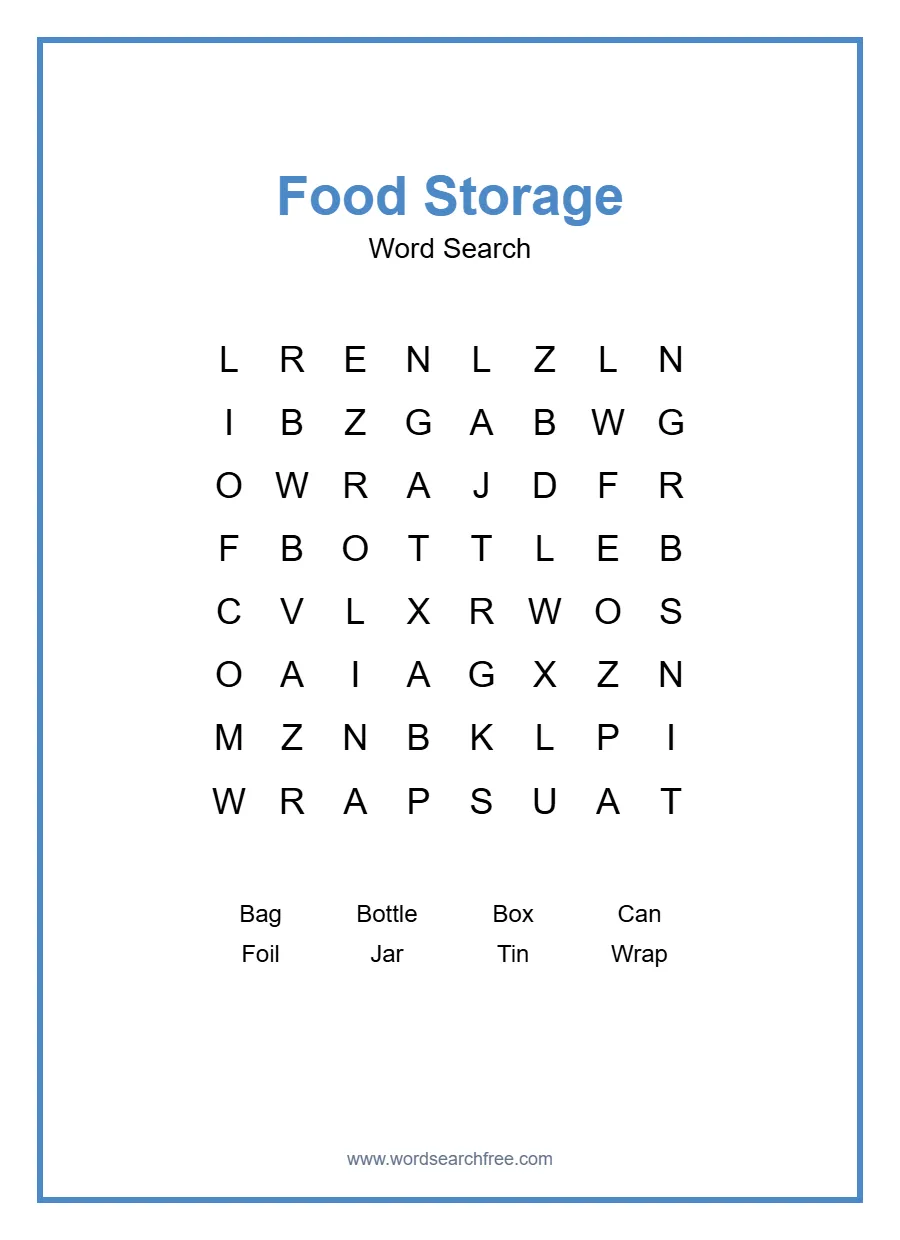 Food Storage Word Search - Free printable puzzle with 8 words