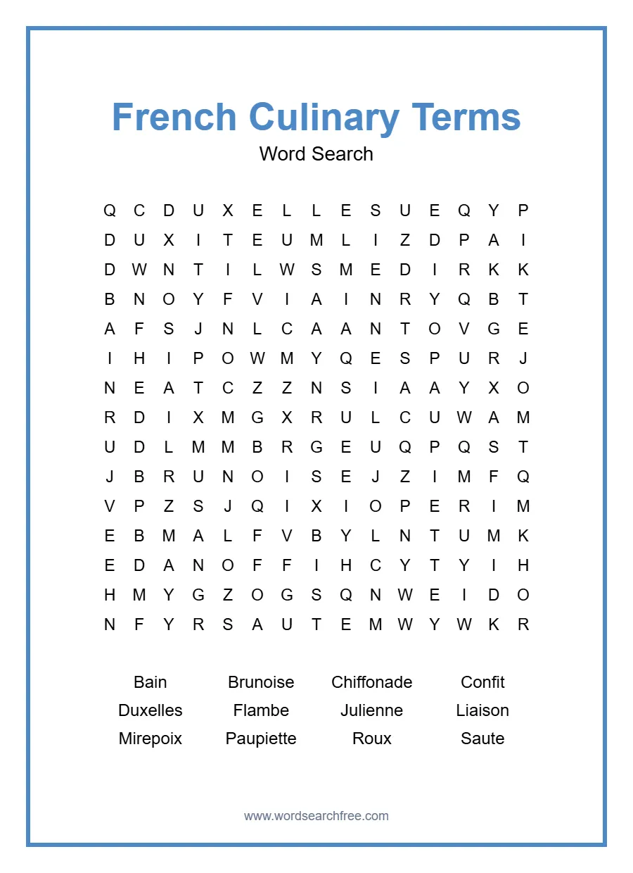 French Culinary Terms Word Search - Free printable puzzle with 12 words