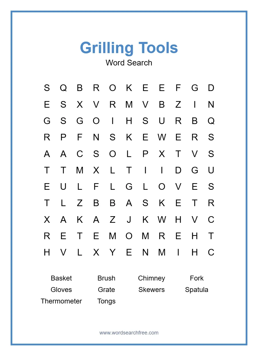 Grilling Tools Word Search - Free printable puzzle with 10 words