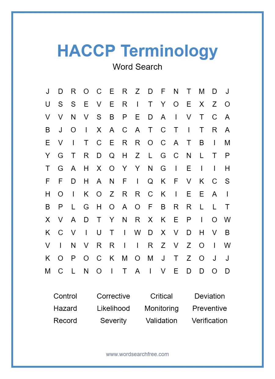 HACCP Terminology Word Search - Free printable puzzle with 12 words