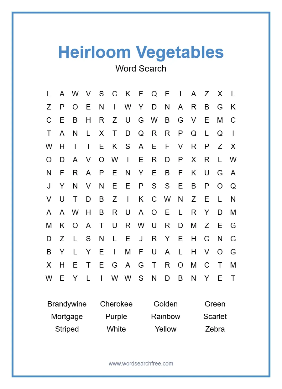 Heirloom Vegetables Word Search - Free printable puzzle with 12 words
