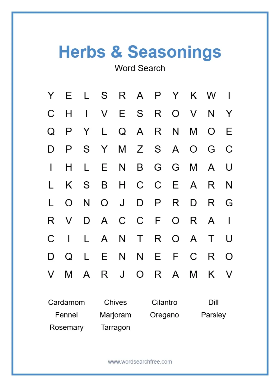 Herbs & Seasonings Word Search - Free printable puzzle with 10 words