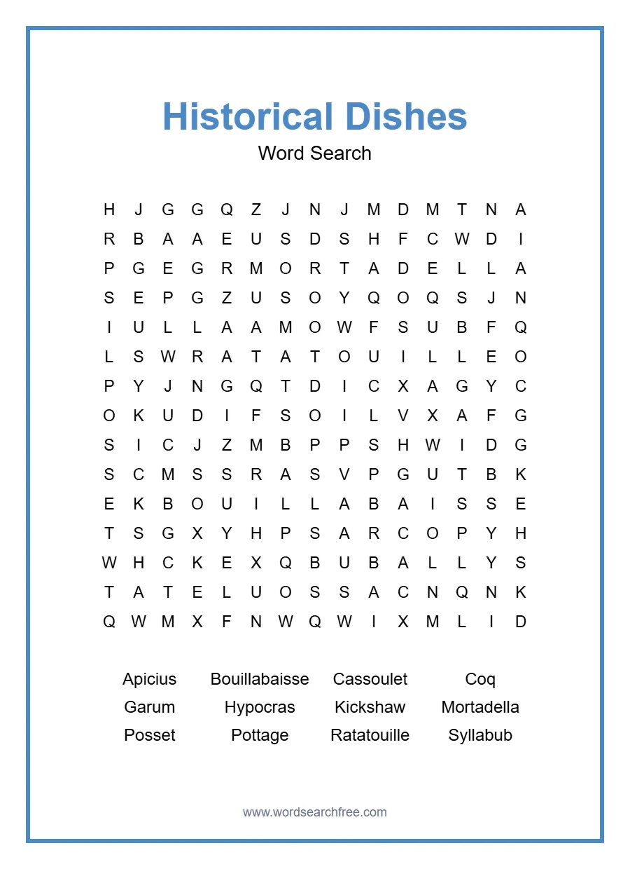 Historical Dishes Word Search - Free printable puzzle with 12 words