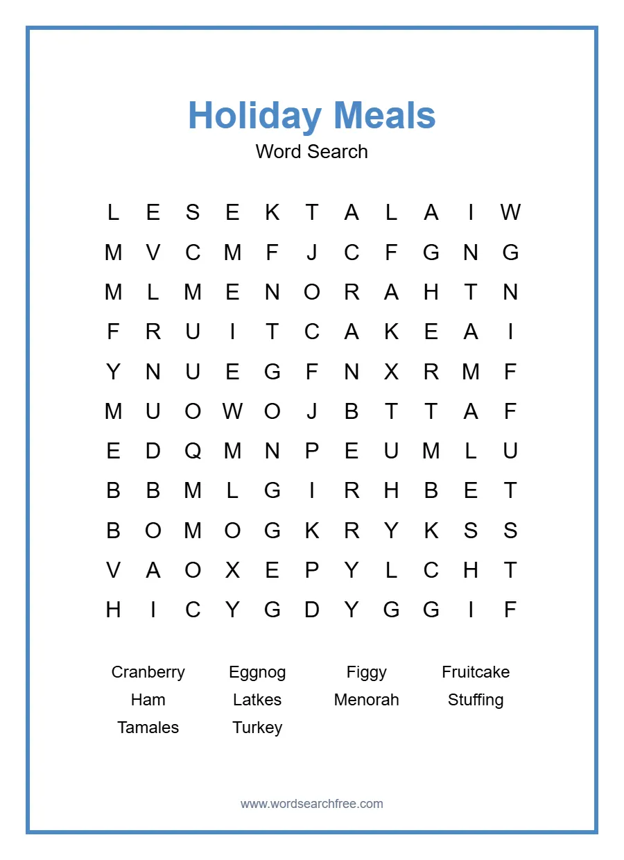 Holiday Meals Word Search - Free printable puzzle with 10 words