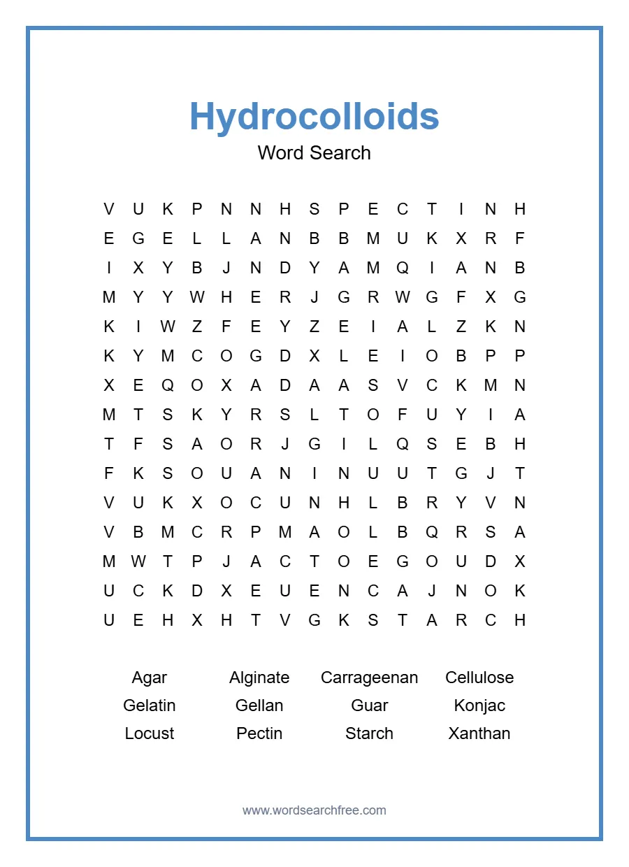Hydrocolloids Word Search - Free printable puzzle with 12 words