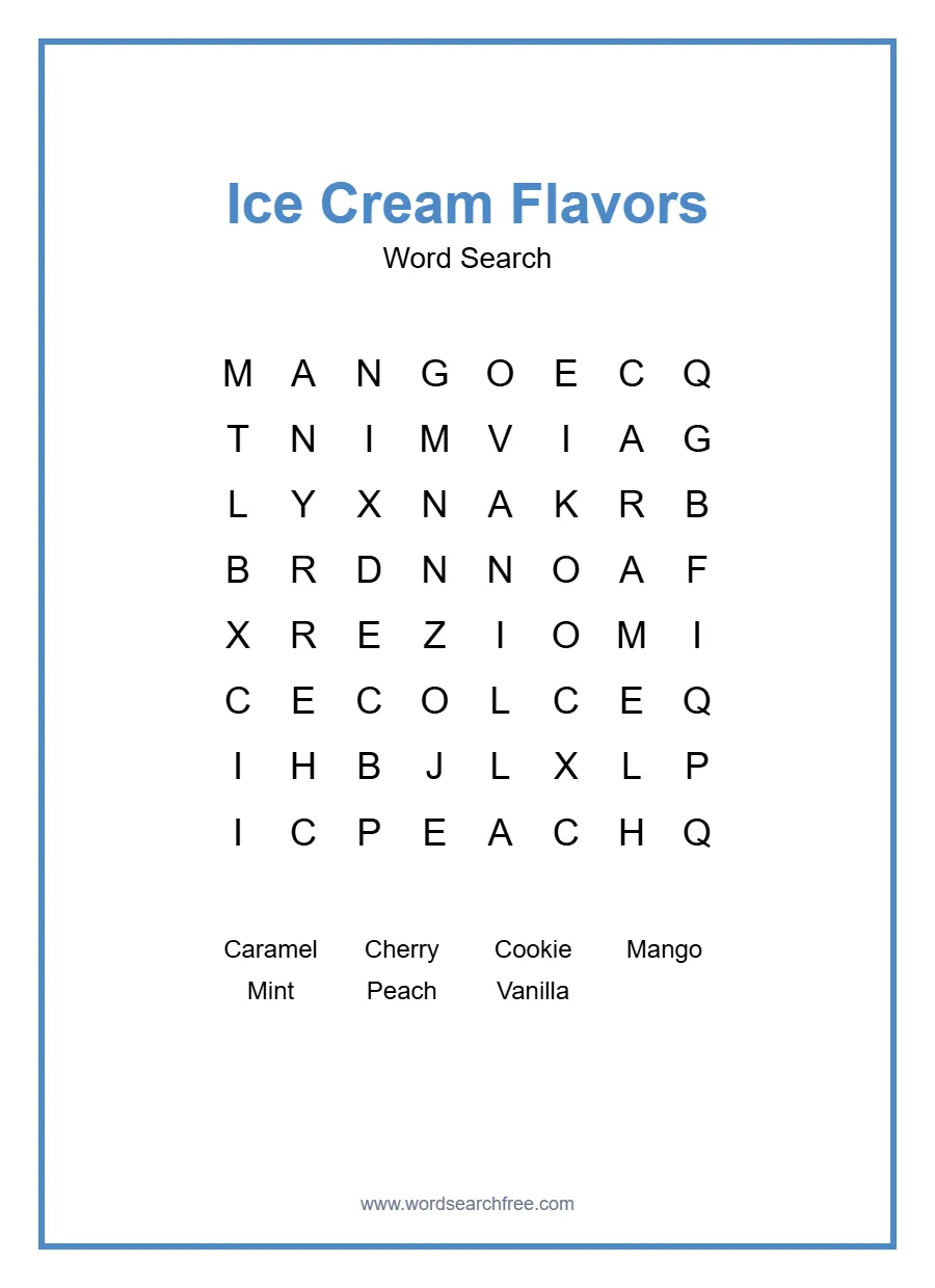 Ice Cream Flavors Word Search - Free printable puzzle with 7 words
