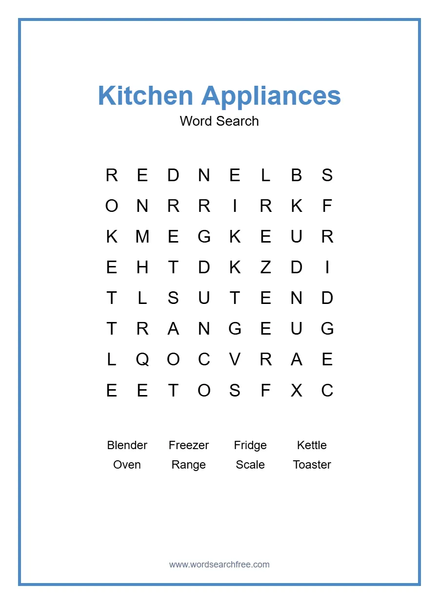 Kitchen Appliances Word Search - Free printable puzzle with 8 words