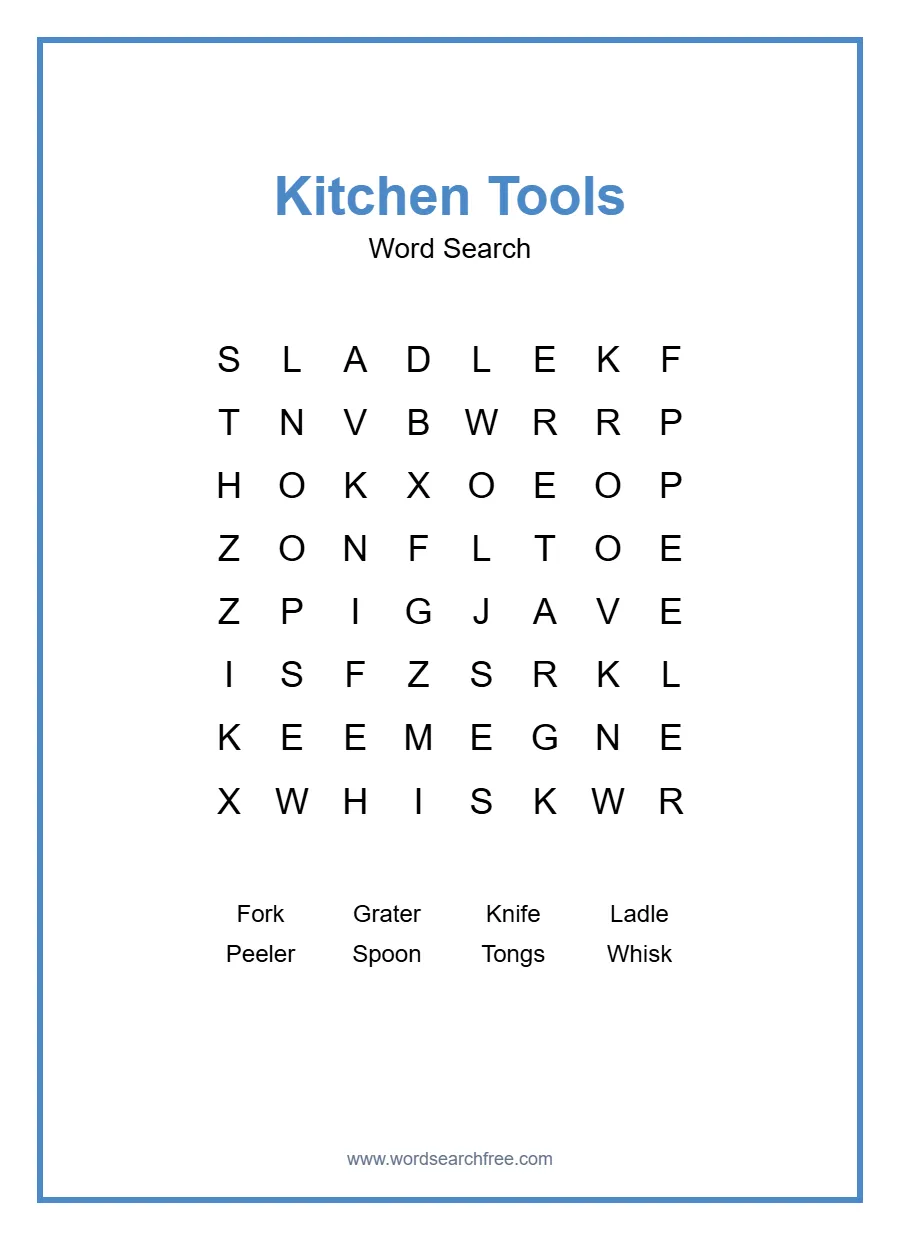 Kitchen Tools Word Search - Free printable puzzle with 8 words