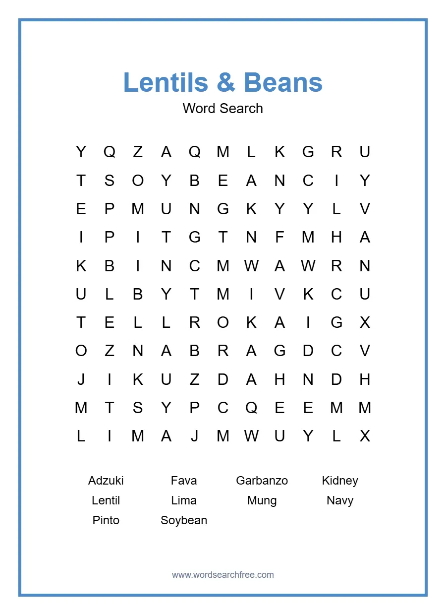 Lentils & Beans Word Search - Free printable puzzle with 10 words