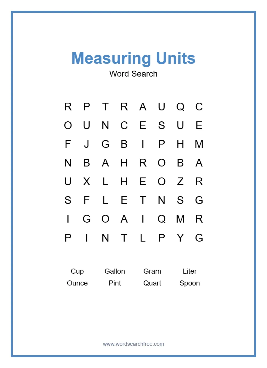 Measuring Units Word Search - Free printable puzzle with 8 words