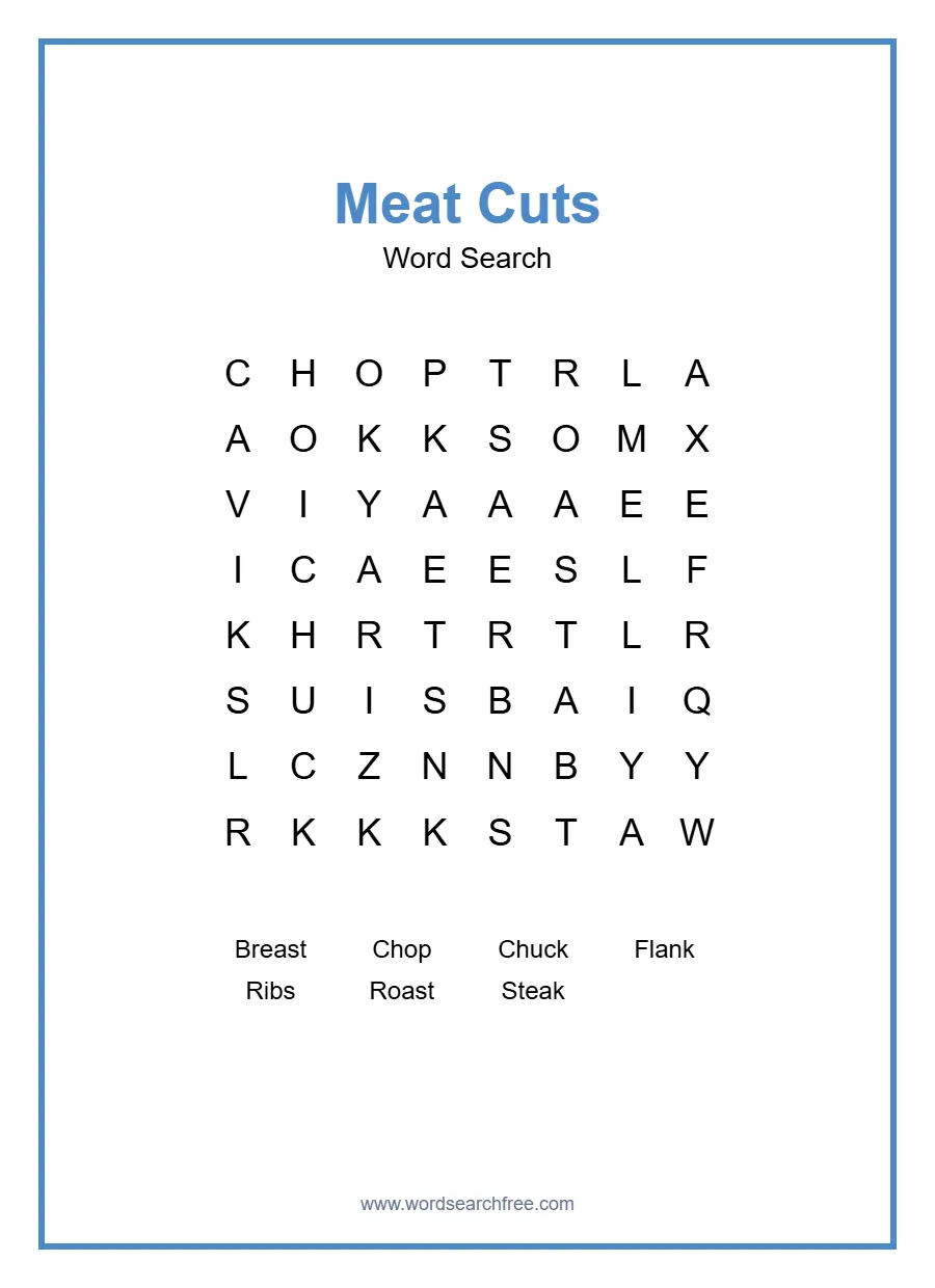 Meat Cuts Word Search - Free printable puzzle with 7 words