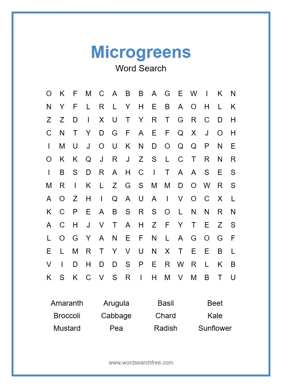 Microgreens Word Search - Free printable puzzle with 12 words