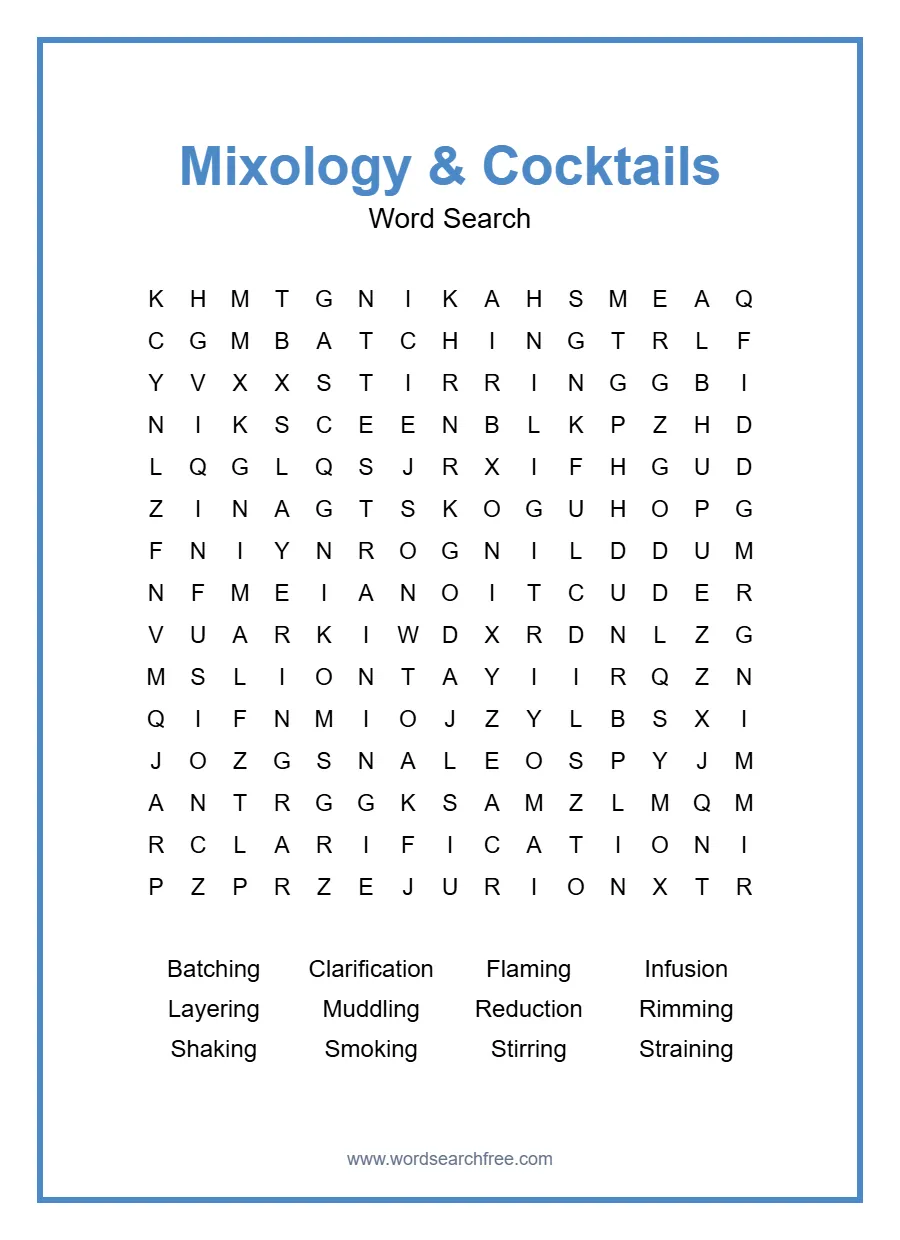 Mixology & Cocktails Word Search - Free printable puzzle with 12 words