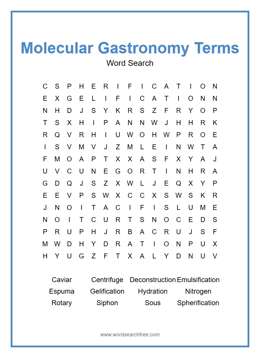 Molecular Gastronomy Terms Word Search - Free printable puzzle with 12 words