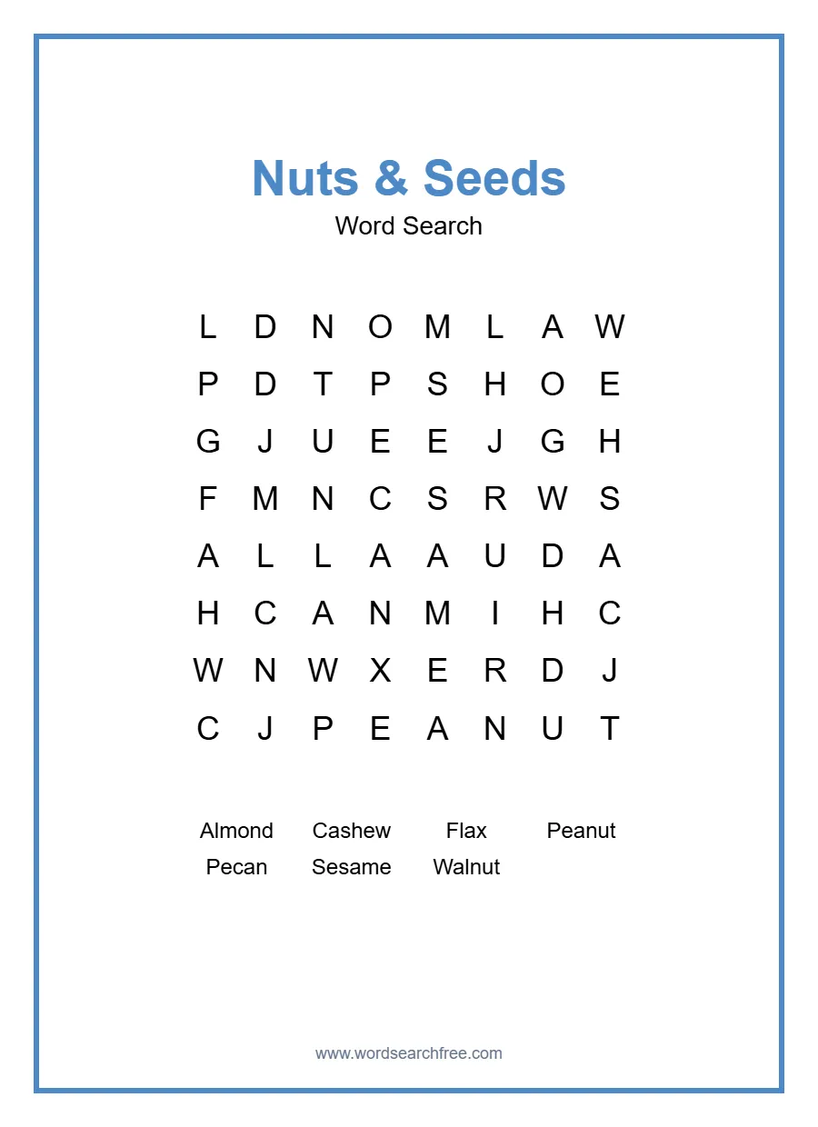 Nuts & Seeds Word Search - Free printable puzzle with 7 words