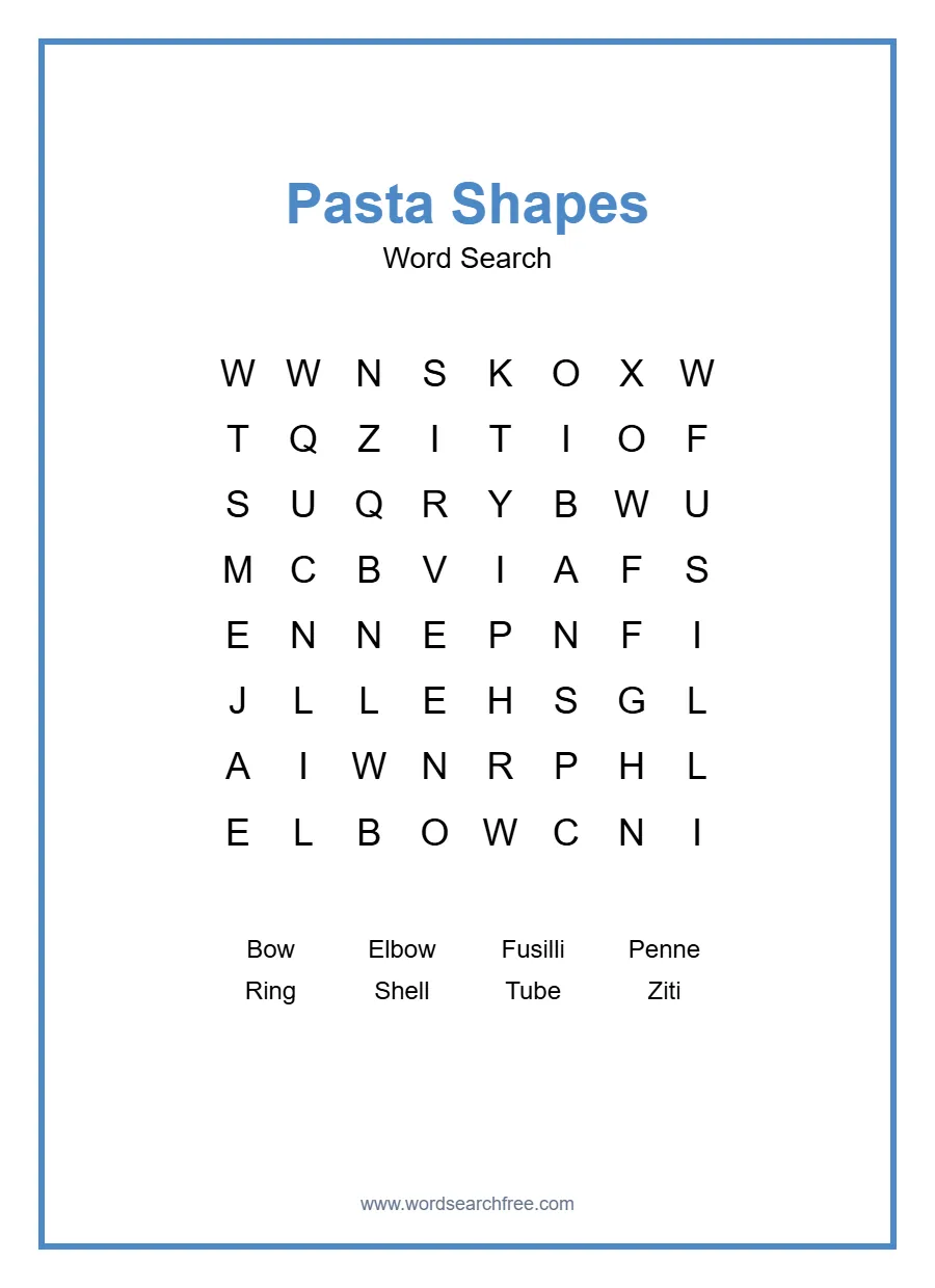 Pasta Shapes Word Search - Free printable puzzle with 8 words