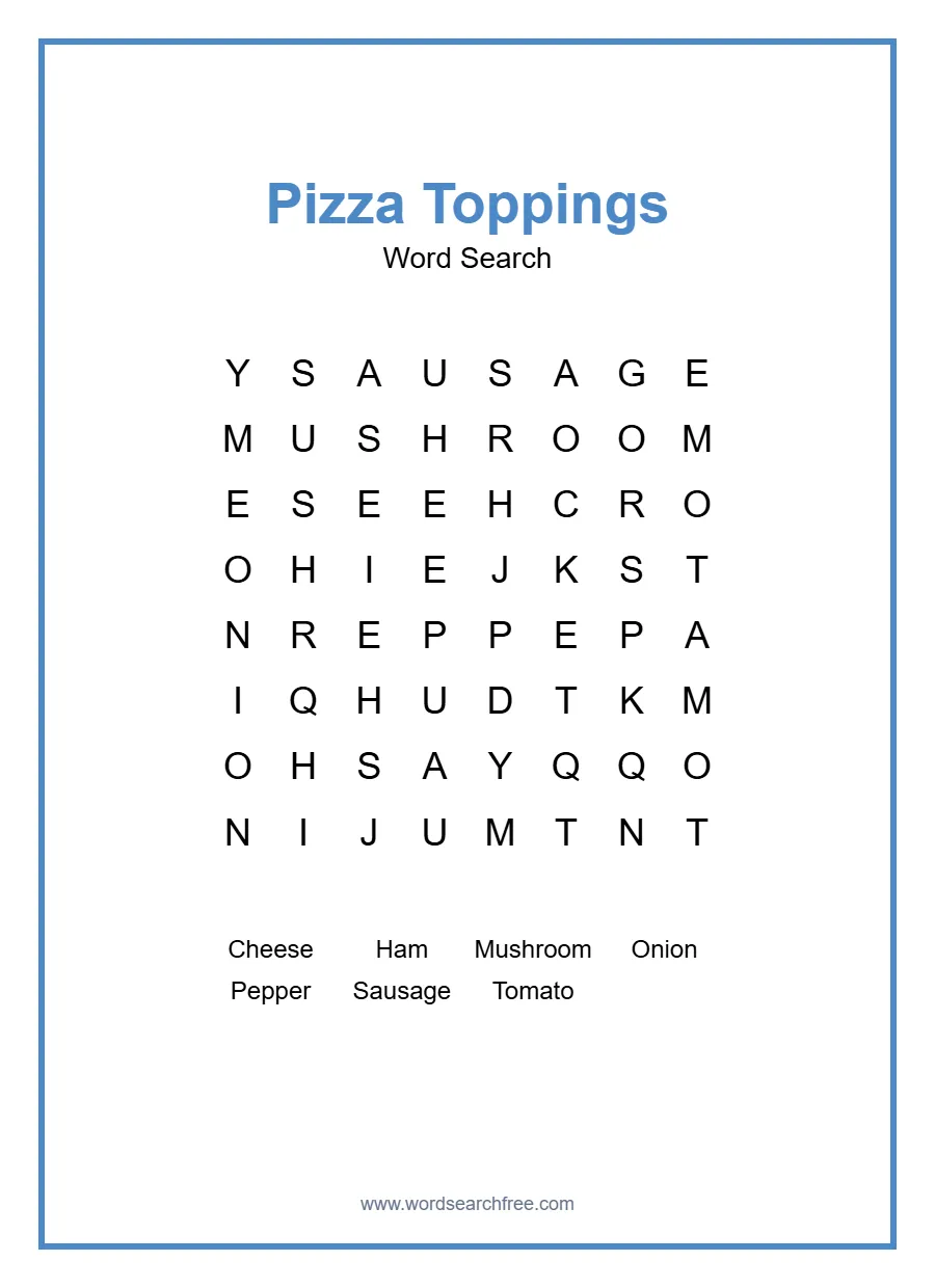 Pizza Toppings Word Search - Free printable puzzle with 7 words