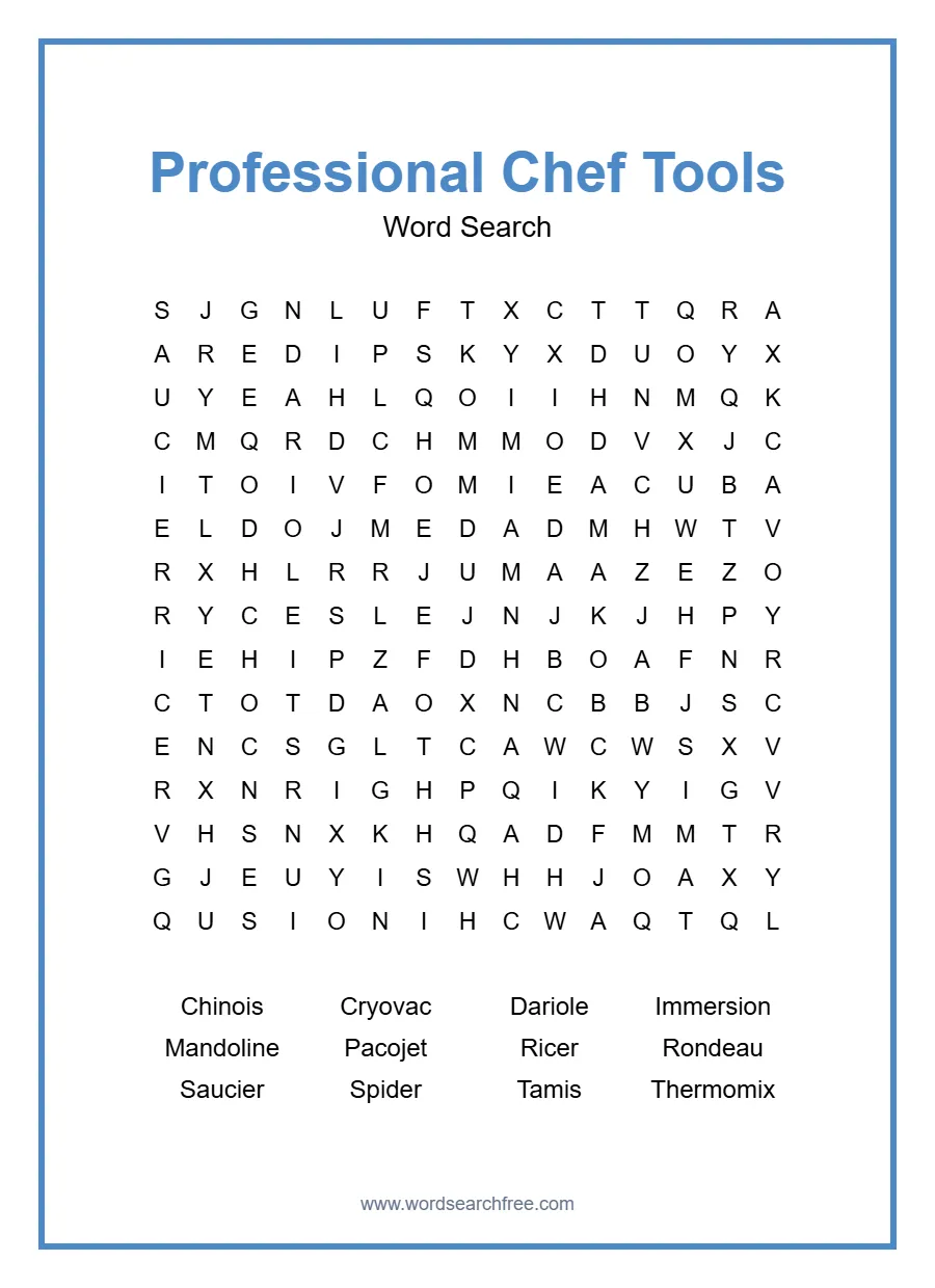 Professional Chef Tools Word Search - Free printable puzzle with 12 words