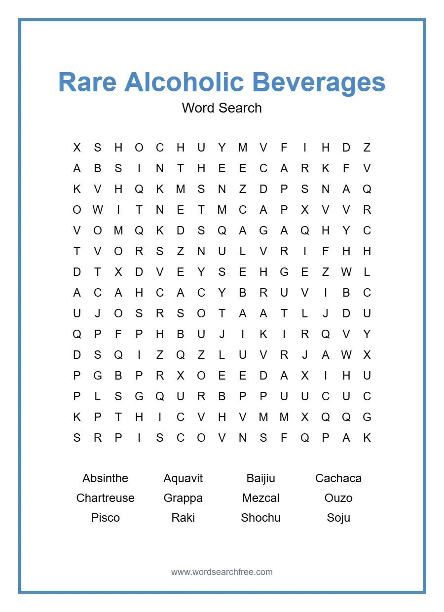 Rare Alcoholic Beverages Word Search - Free printable puzzle with 12 words