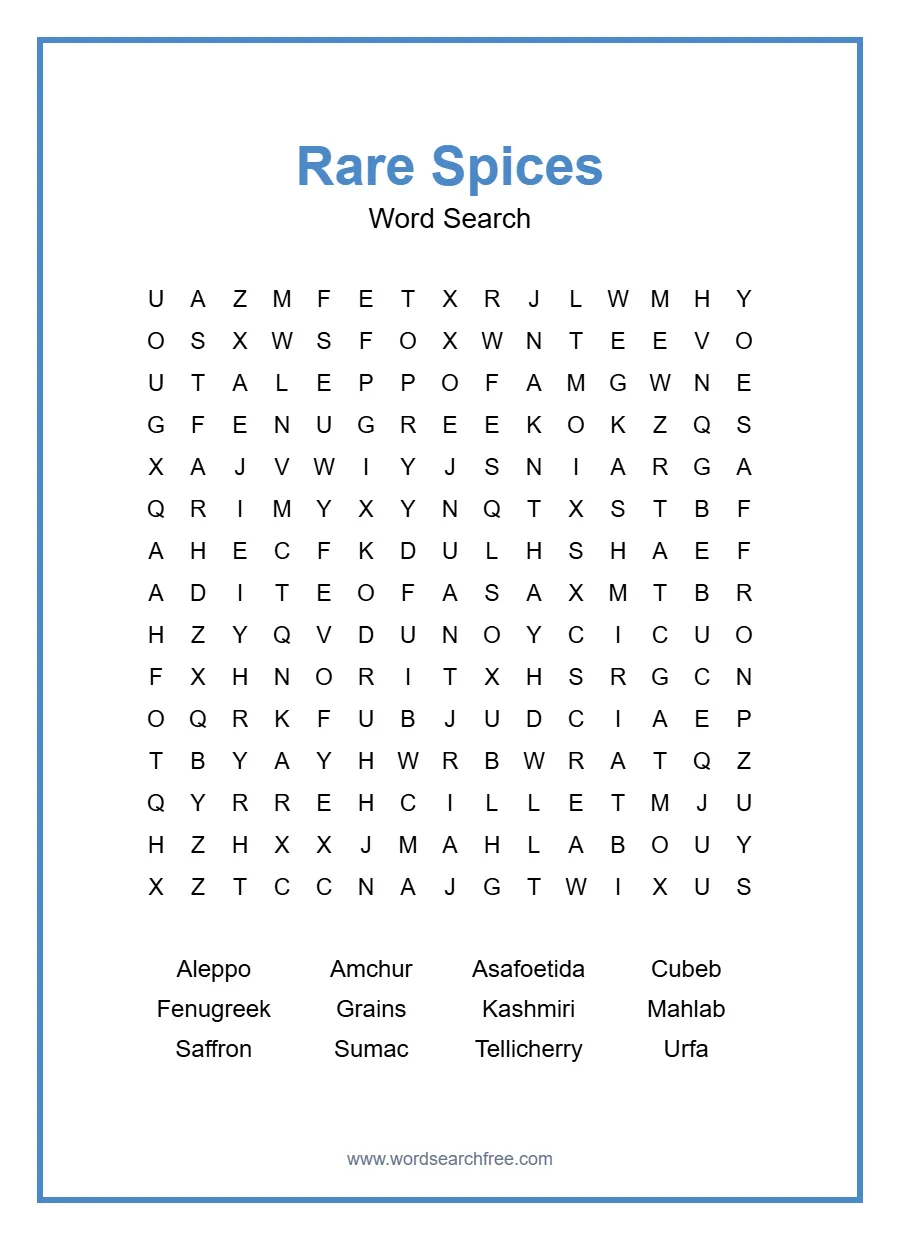 Rare Spices Word Search - Free printable puzzle with 12 words