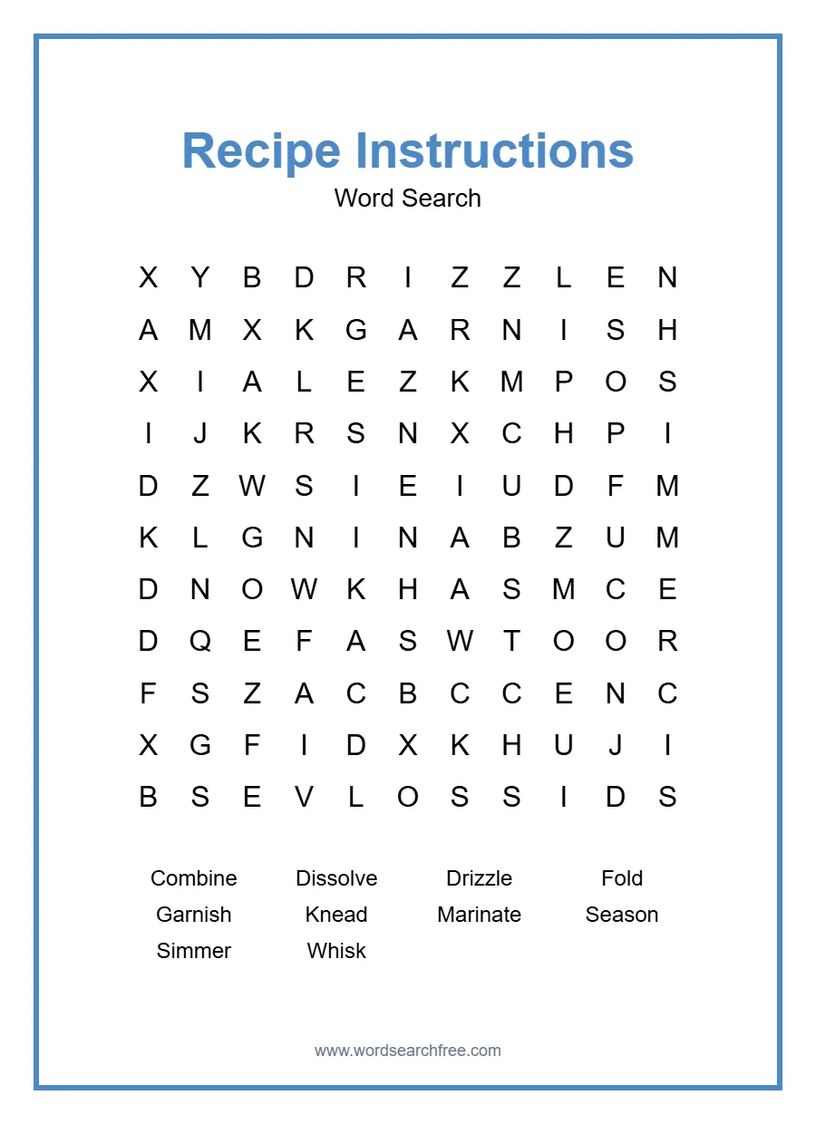 Recipe Instructions Word Search - Free printable puzzle with 10 words