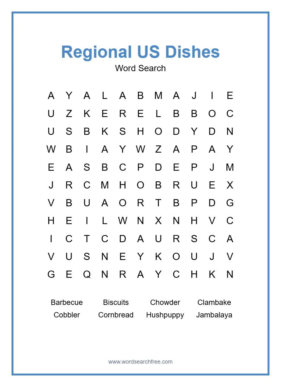 Regional US Dishes Word Search - Free printable puzzle with 8 words