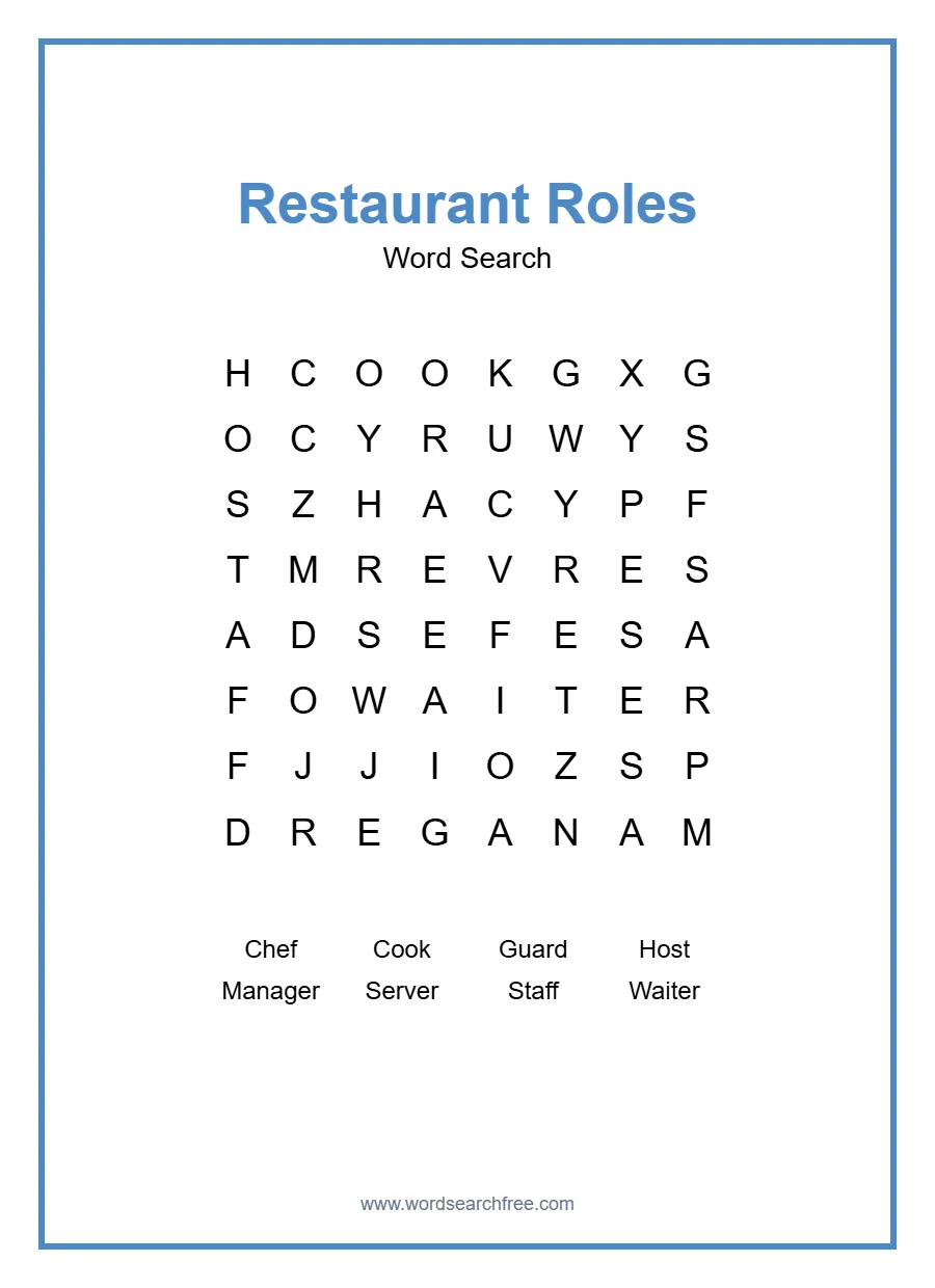 Restaurant Roles Word Search - Free printable puzzle with 8 words