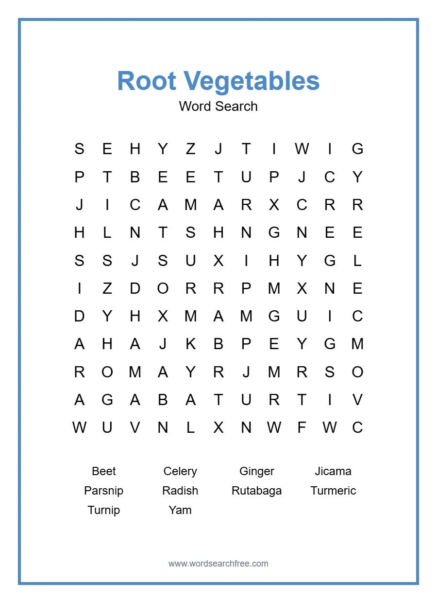 Root Vegetables Word Search - Free printable puzzle with 10 words