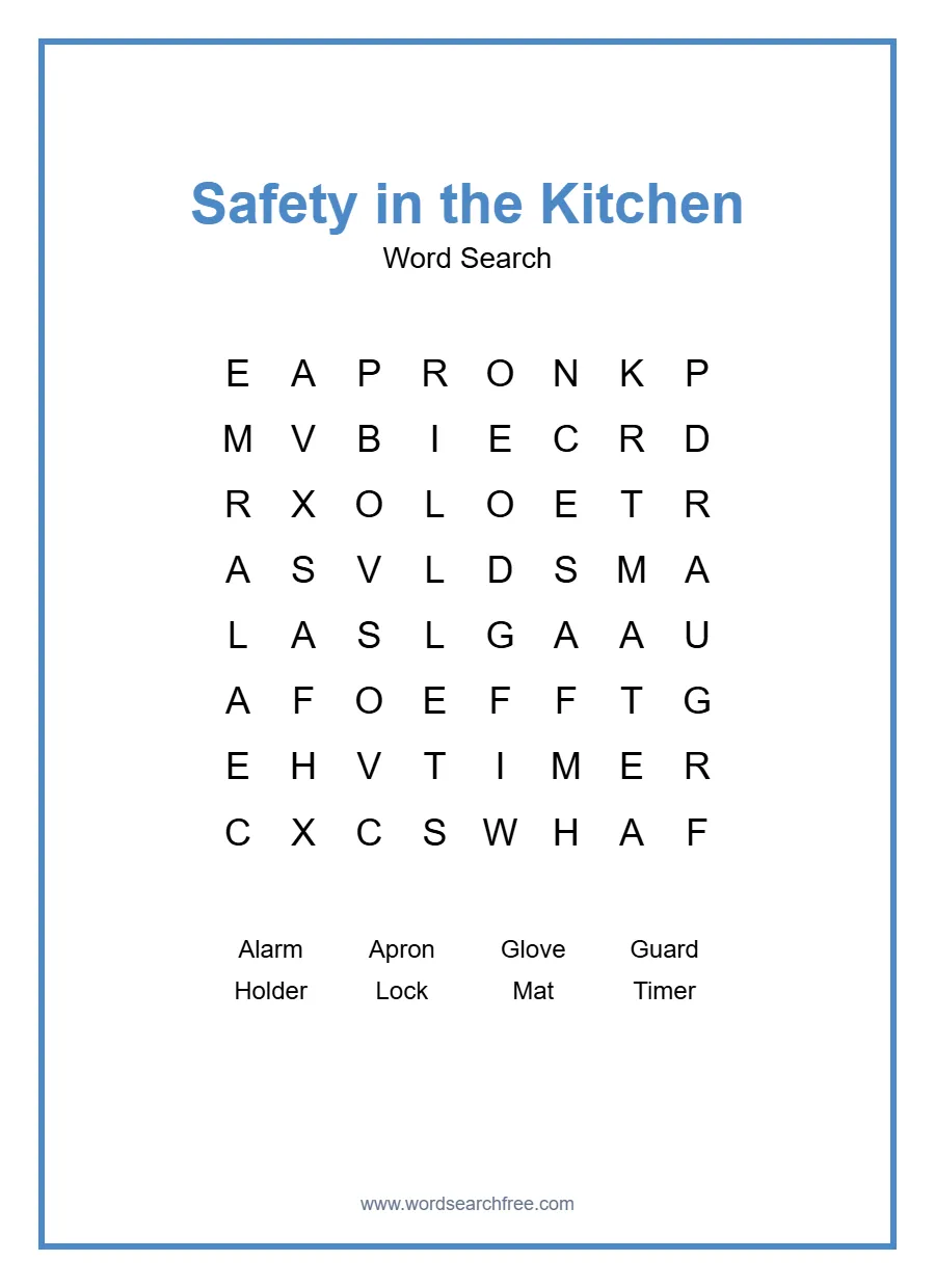 Safety in the Kitchen Word Search - Free printable puzzle with 8 words