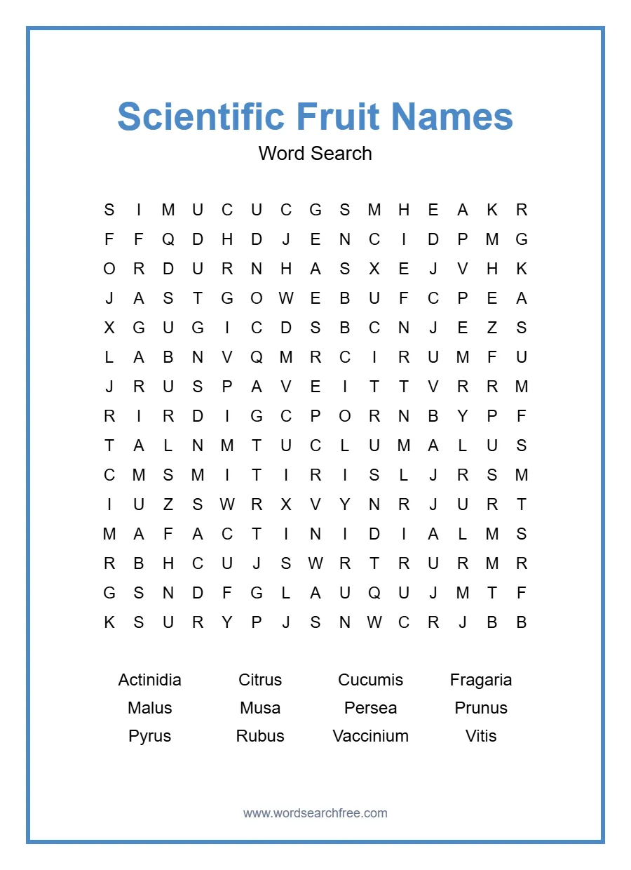 Scientific Fruit Names Word Search - Free printable puzzle with 12 words